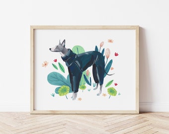 Grey Whippet with Plants Art Print,  Greyhound, Lurcher, Longnose, Sighthound, Gouache art