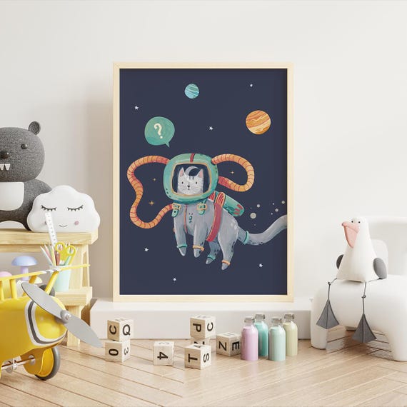 Cute cat print, nursery cat art, cat illustration poster for kids room, boys or girls playroom wall decor