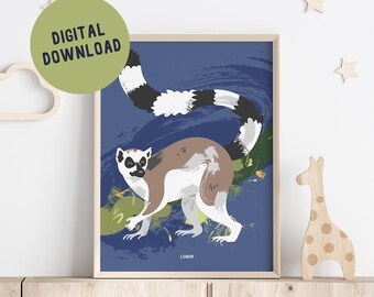 Lemur Nursery Print, Blue Animal Illustration (Digital Download)