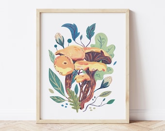 Chanterelle Mushrooms Botanical Illustration, Cottagecore Wall Art Print