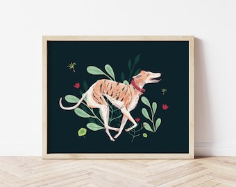 Running Greyhound Art Print, Cute Happy Dog Lover Gift, Whippet, Lurcher, Longnose, Sighthound, Gouache art