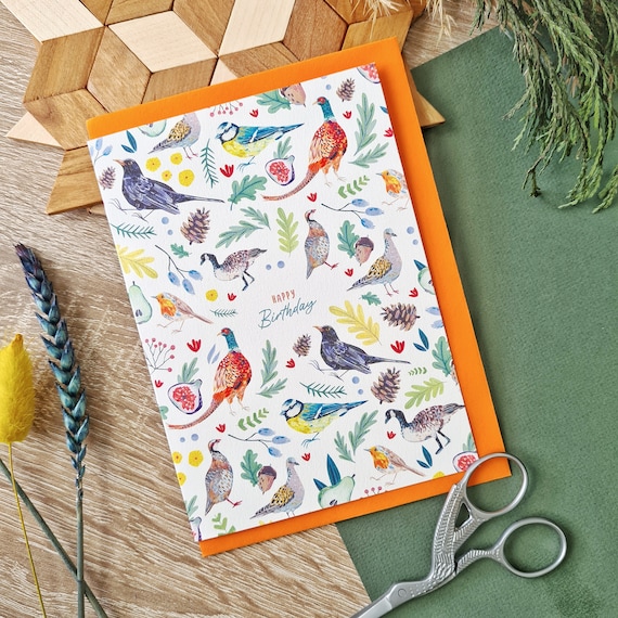 Wild Birds Birthday Card, Colourful Leaves and Fruit, Floral, Garden, Nature, For Him or Her