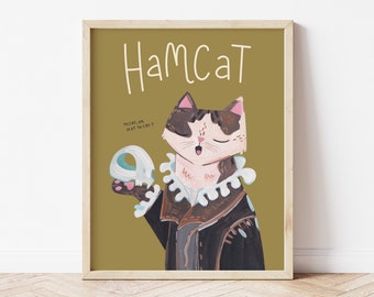 Hamlet poster, cute cat print, cat illustration wall art, history lover gifts