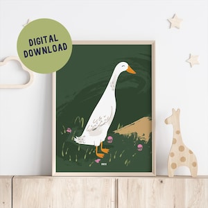 Runner duck wall art, cute duck illustration, boys or girls nursery decor, kid&#39;s room poster, printable