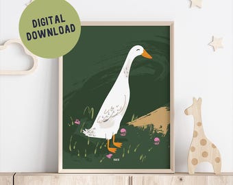 Runner duck wall art, cute duck illustration, boys or girls nursery decor, kid's room poster, printable