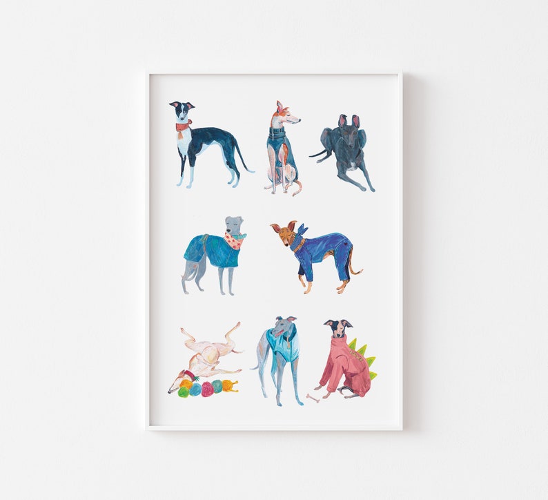 Greyhound Print, Dog Lover or New Puppy Gift, Whippet, Lurcher, Longnose, Sighthound, Gouache art image 4