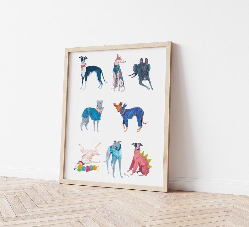 Greyhound Print, Dog Lover or New Puppy Gift, Whippet, Lurcher, Longnose, Sighthound, Gouache art image 2