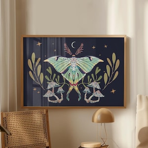 Luna Moth Art Print, Gouache Painting With Stars, Mushrooms and Plants, Dramatic, Quirky, Eclectic Art Gift