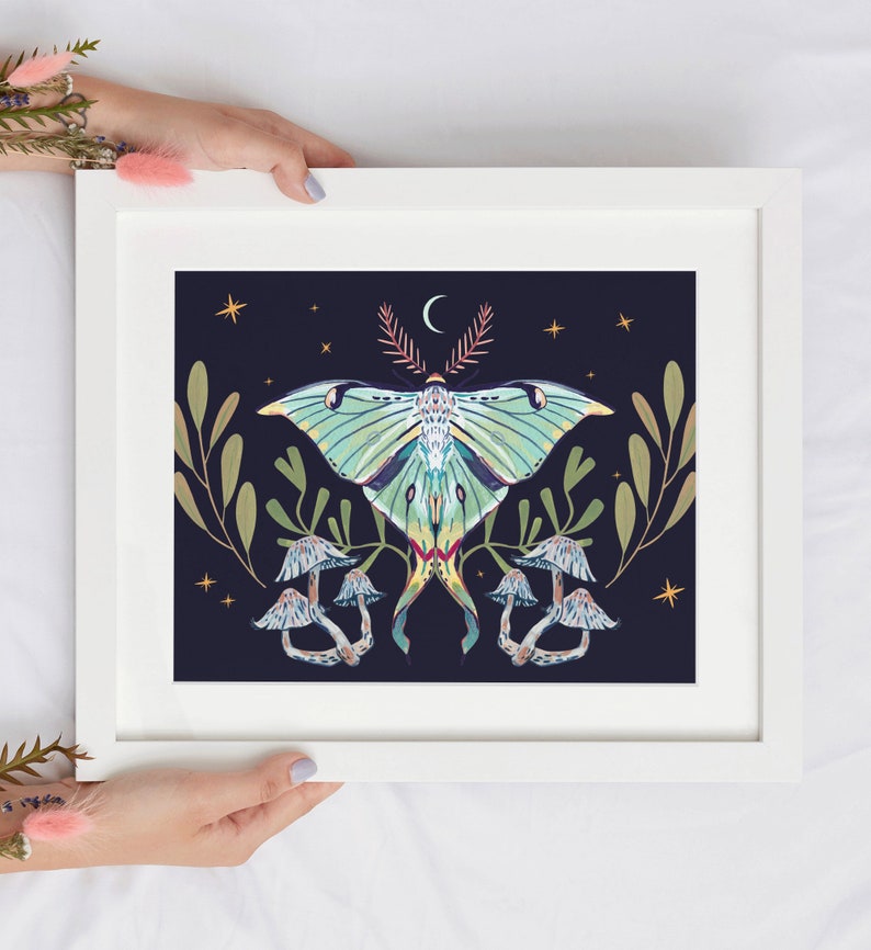 Luna Moth Art Print, Gouache Painting With Stars, Mushrooms and Plants ...