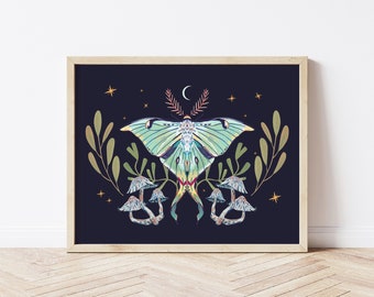 Luna Moth Art Print, Gouache Painting With Stars, Mushrooms and Plants, Dramatic, Quirky, Eclectic Art Gift