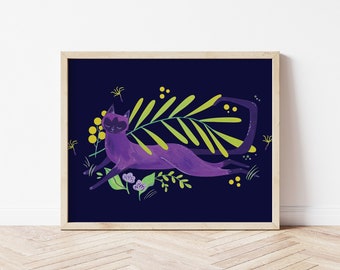 Siamese cat print, Yoga Instructor Gift, Purple and Green, Cute Illustration, Cat Lover Gift Him or Her