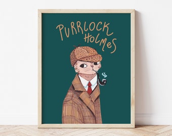 Sherlock Holmes art, cat print illustration painting, sherlock holmes gifts, pop culture artwork, cat lover gift