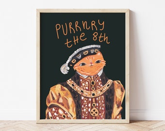 Henry the eighth art poster, funny cat illustration wall art, colourful home decor