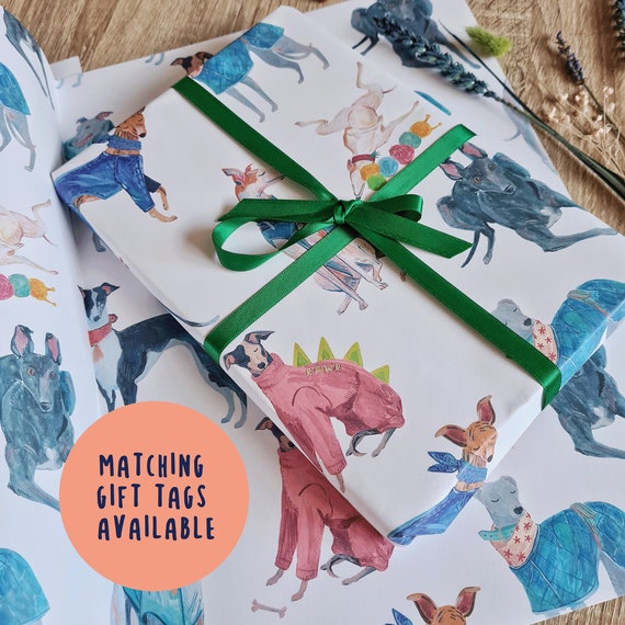 TWO Sheets of Wrapping Paper, Sighthound Dogs, Greyhound, Galgo, Lurcher Whippet Gift Wrap