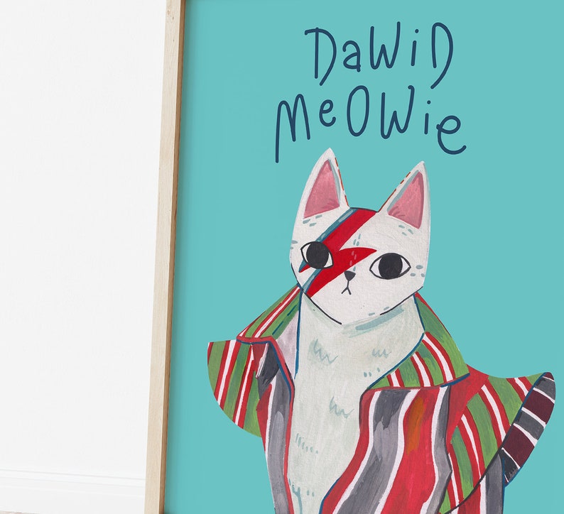 Dawid Bowie cat illustration, pop culture artwork, music art print, cat lover gift image 2