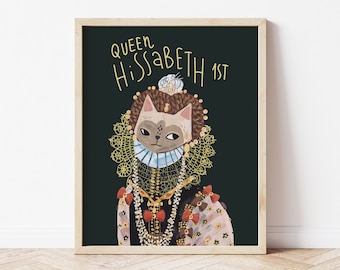 Queen Elizabeth I cat art, historical cute cat poster, colourful cat artwork gift, British royal family