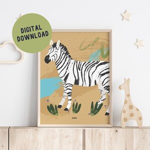 Zebra yellow nursery wall art, cute zebra illustration, boys or girls room decor, kid&#39;s room animal poster, printable