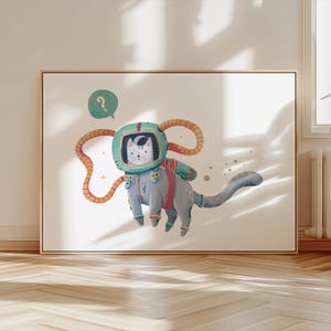 Impression de chat drôle, chaton flottant dans l'espace vêtu d'un costume d'astronaute, cadeau d'oeuvre d'art animal pour les amoureux des chats