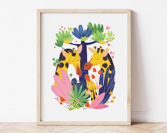 Personalised Baby Wall Art, Colourful girafe Safari Nursery Art Print for Kids Room, Baby Shower Gift Idea