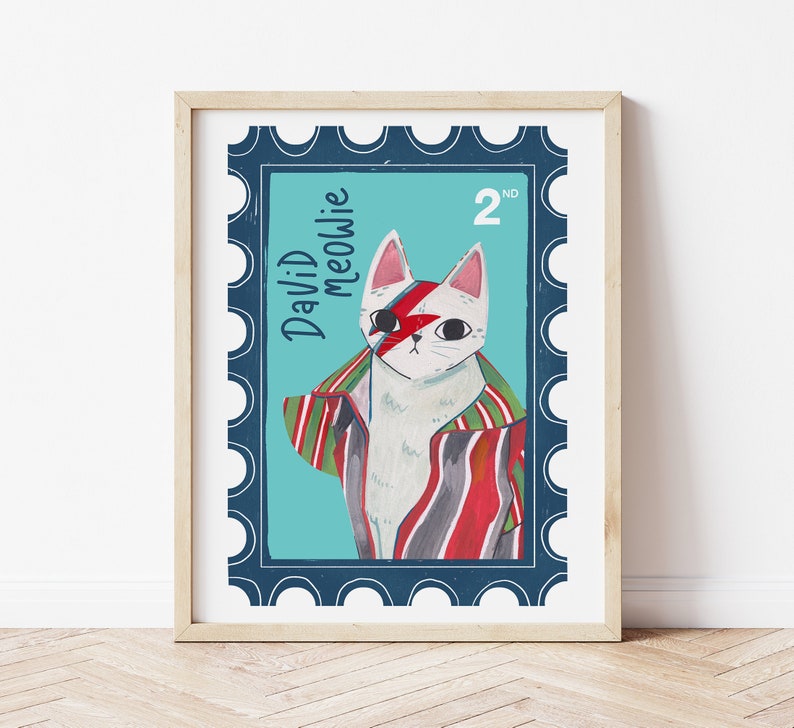 Dawid Bowie cat illustration, pop culture artwork, music art print, cat lover gift image 3