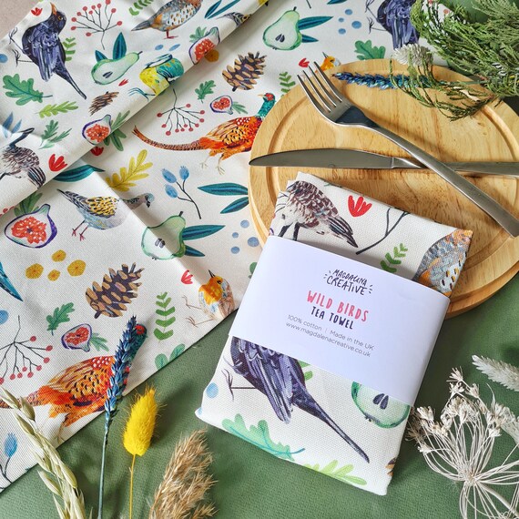 Wild Birds Tea Towel with Plants and Fruit, Colourful Kitchen Gift Idea, Nature Decor