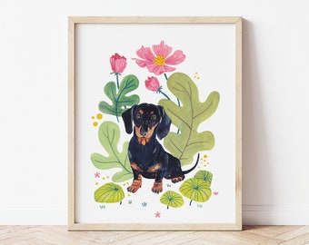 Dachshund Dog Art Print, Sausage Dog Wall Art | Surrounded by Lush Green Plants and Pink Anemone Flowers