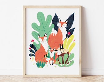 Fox Art Print, Personalised Kids Woodland Wall Art, Fox Print for Nursery or Kids Room, Baby Animals Print