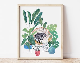 Cat and Plants Print, Cat Artwork for Greenhouse, Cat Mum Wal Art Illustration for Gardeners