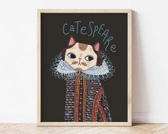 Shakespeare art poster, cat illustration, funny cat wall art, history poetry geek gift