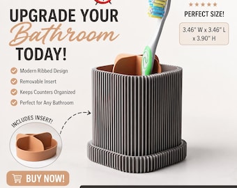 May include: A dark gray square toothbrush holder with a ribbed exterior and a removable light brown four-section insert. The holder measures 3.46 inches wide by 3.46 inches long by 3.90 inches high and contains a toothbrush with blue and yellow bristles.