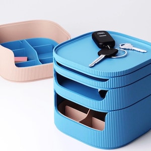 May include: Two storage organizers. One is a light pink open-top container with blue dividers. The other is a three-tiered blue organizer with keys on top. Both have a ribbed texture.