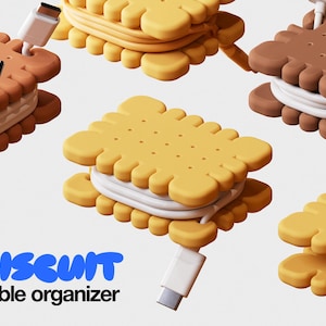 May include: Biscuit-shaped cable organizers in various colors, including yellow and brown, with white cables and connectors. The image features the text "BISCUIT cable organizer" in blue and black.
