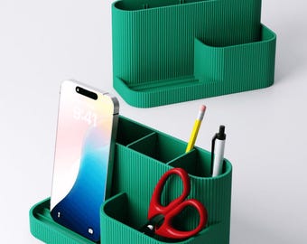 Ridged Desk Organizer with Phone Holder - Modern 3D Printed Storage for Pens, Scissors, Supplies - Minimalist Home Office Decor & Teacher