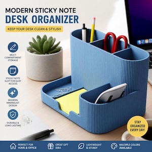 May include: A blue desk organizer with a ribbed texture featuring multiple compartments for stationery. It contains a stack of yellow sticky notes, a black pen, a yellow pencil, and red scissors. The text reads MODERN STICKY NOTE DESK ORGANIZER.