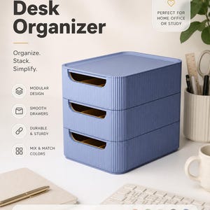 May include: A modular desk organizer with three stacked periwinkle blue drawers featuring a vertical ribbed texture and yellow interior compartments. The unit includes text labels such as Modular Desk Organizer, Organize, Stack, Simplify, and Customize Your Space.