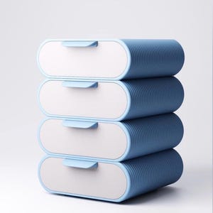 May include: A stack of four light blue storage drawers with rounded edges and a ribbed texture on the sides. Each drawer features a smooth white front panel and a small, protruding light blue handle centered at the top of each drawer face.