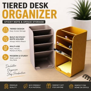 May include: Two tiered desk organizers in taupe and mustard yellow, featuring multiple angled compartments for pens, pencils, and markers. The yellow organizer holds a stack of square yellow sticky notes. Text on the image reads TIERED DESK ORGANIZER.