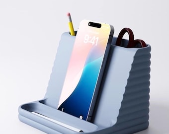 Modern Office Desk Phone Holder Organizer with Storage | 3D Printed Cell Phone Stand & Stationery Holder for Home Office