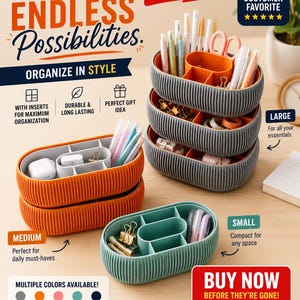 May include: A set of oval desk organizers with ribbed exterior walls, available in orange, gray, and teal. Each container features internal dividers for sorting stationery, clips, and small items. The organizers are shown in three sizes: small, medium, and large, with some stacked vertically to display their functional storage capacity.