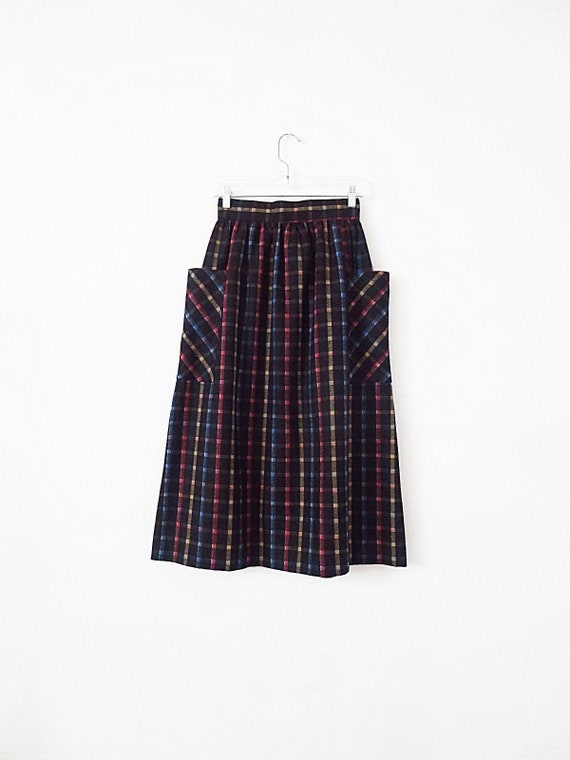 70's Vintage Plaid Skirt - Midi Skirt with Pocket… - image 1