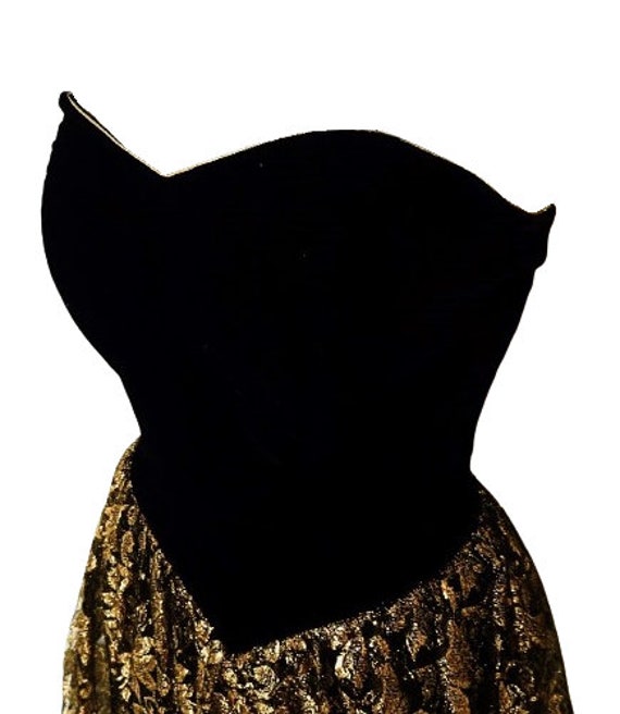 1980s Gold Lace Dress / Black Velvet Bustier / Ho… - image 2