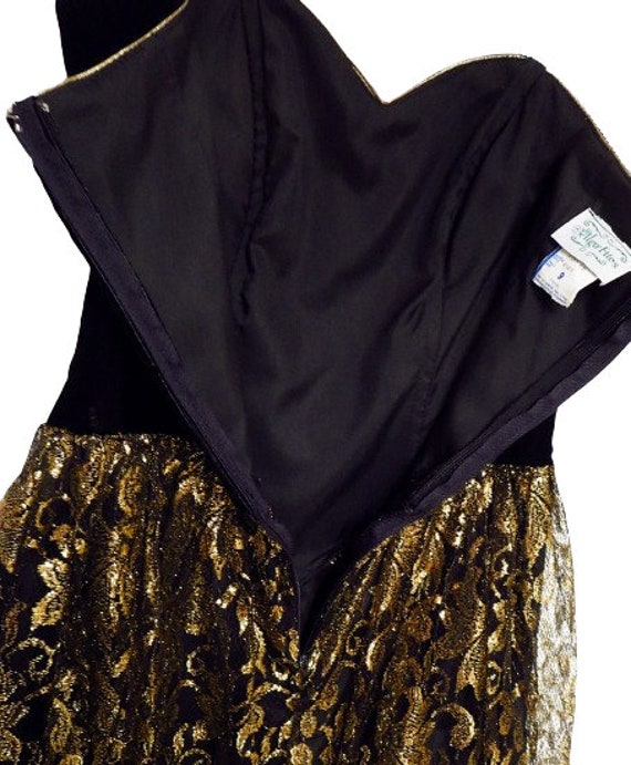 1980s Gold Lace Dress / Black Velvet Bustier / Ho… - image 4