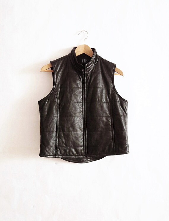 Black Leather Vest - 90's Vest With Pockets - Mini