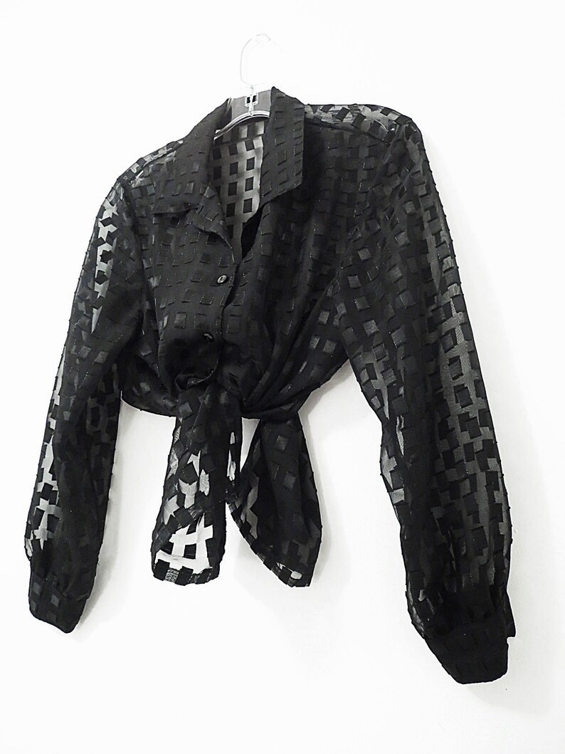 90/'s Chiffon Blouse XL Blouse Grid Pattern Blouse Oversized Blouse Vintage Sheer Tile Blouse Black Sheer Blouse Chic Blouse