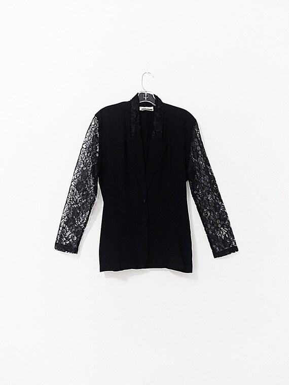 Vintage Black Lace Blazer - Lace Sleeve Blouse - L