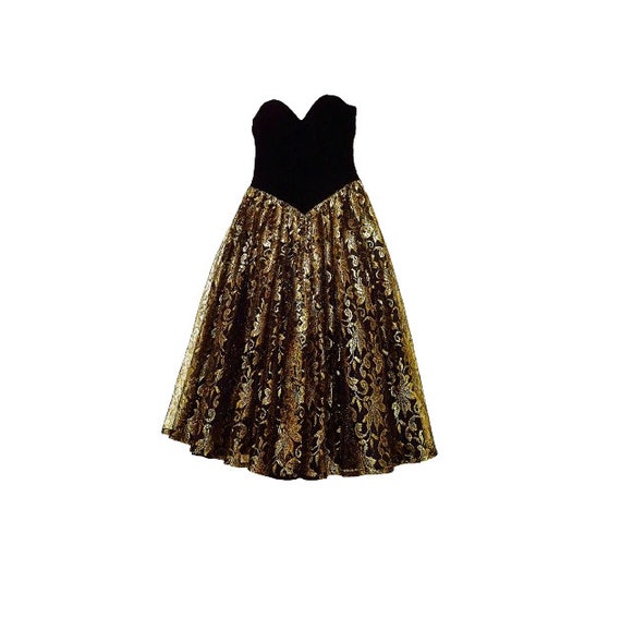 1980s Gold Lace Dress / Black Velvet Bustier / Ho… - image 3