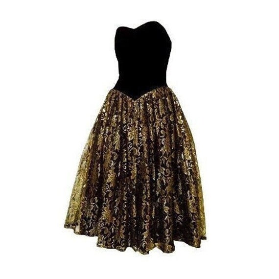 1980s Gold Lace Dress / Black Velvet Bustier / Ho… - image 1