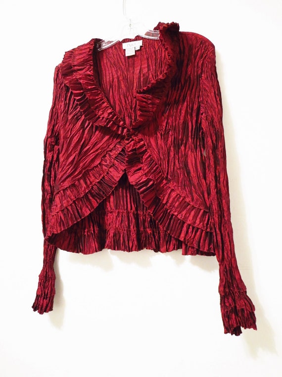 1990s Satin Crinkle Blouse / Deep Scarlet Red Blo… - image 4