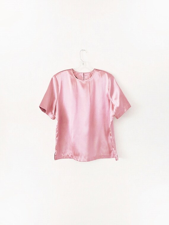 90's Vintage Satin Blouse - Pink Satin T Shirt - M