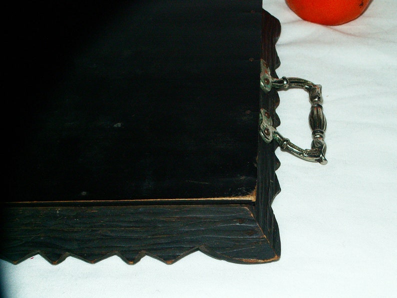 Wooden Carved TrayGlassEngraved Metal Handle1960s